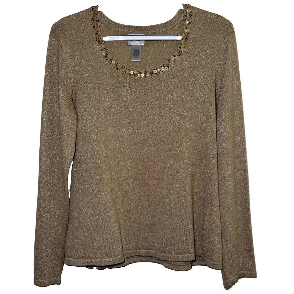 Chico’s Size 1 M Gold Metallic Sweater Beaded Sequin Neckline Holiday Party